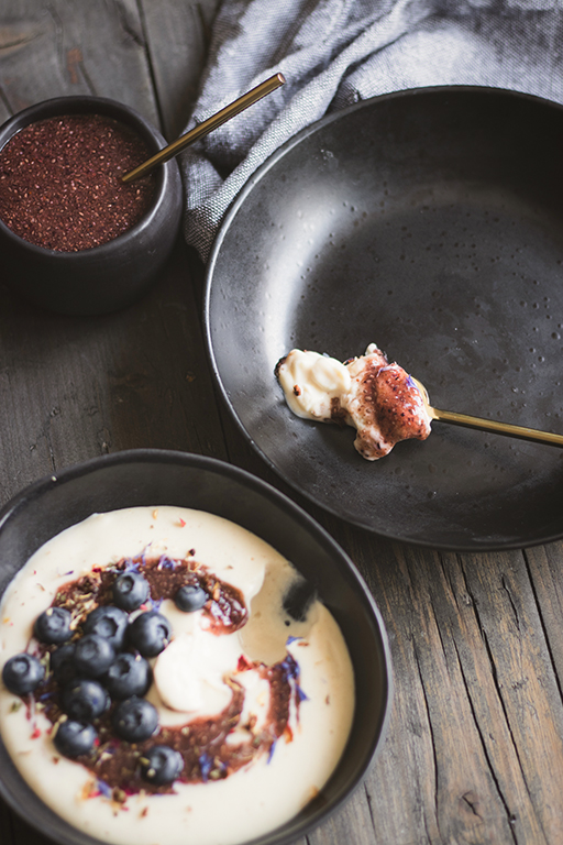 creamy millet pudding with blueberries